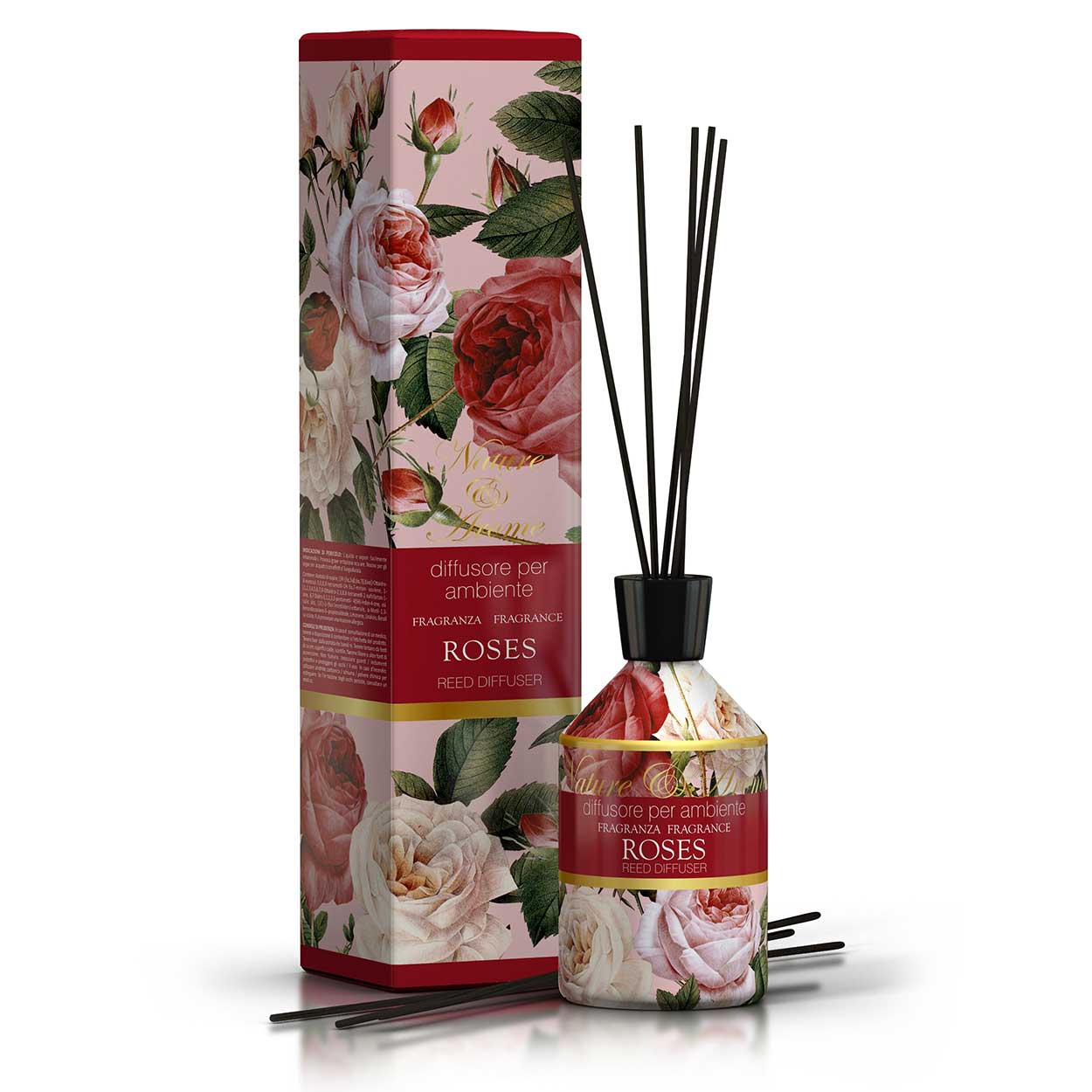 <b>Diffusore per Ambiente 250 mL + Bacchette</b></br>Nature&Arome</br><i>Linea Roses</i>